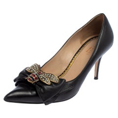 Gucci Black Leather Embellished Bow Queen Margaret Pumps Size 39