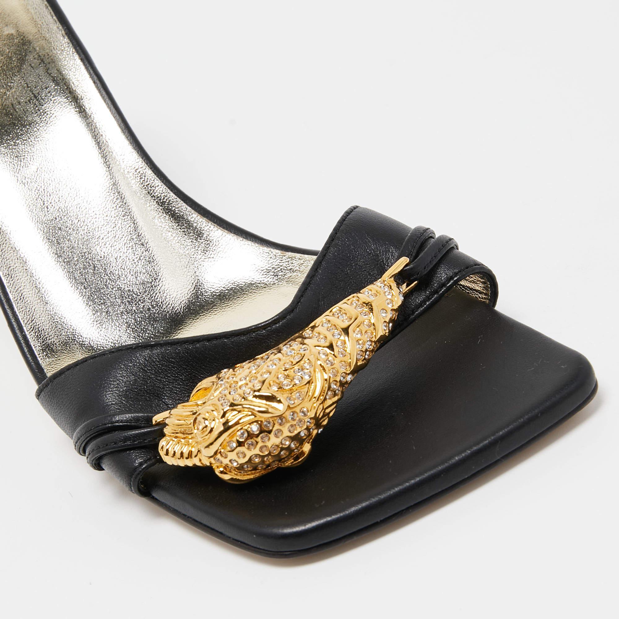 Women's Gucci Black Leather Embellished Rajah Open Toe Slide Sandals Size 35 For Sale