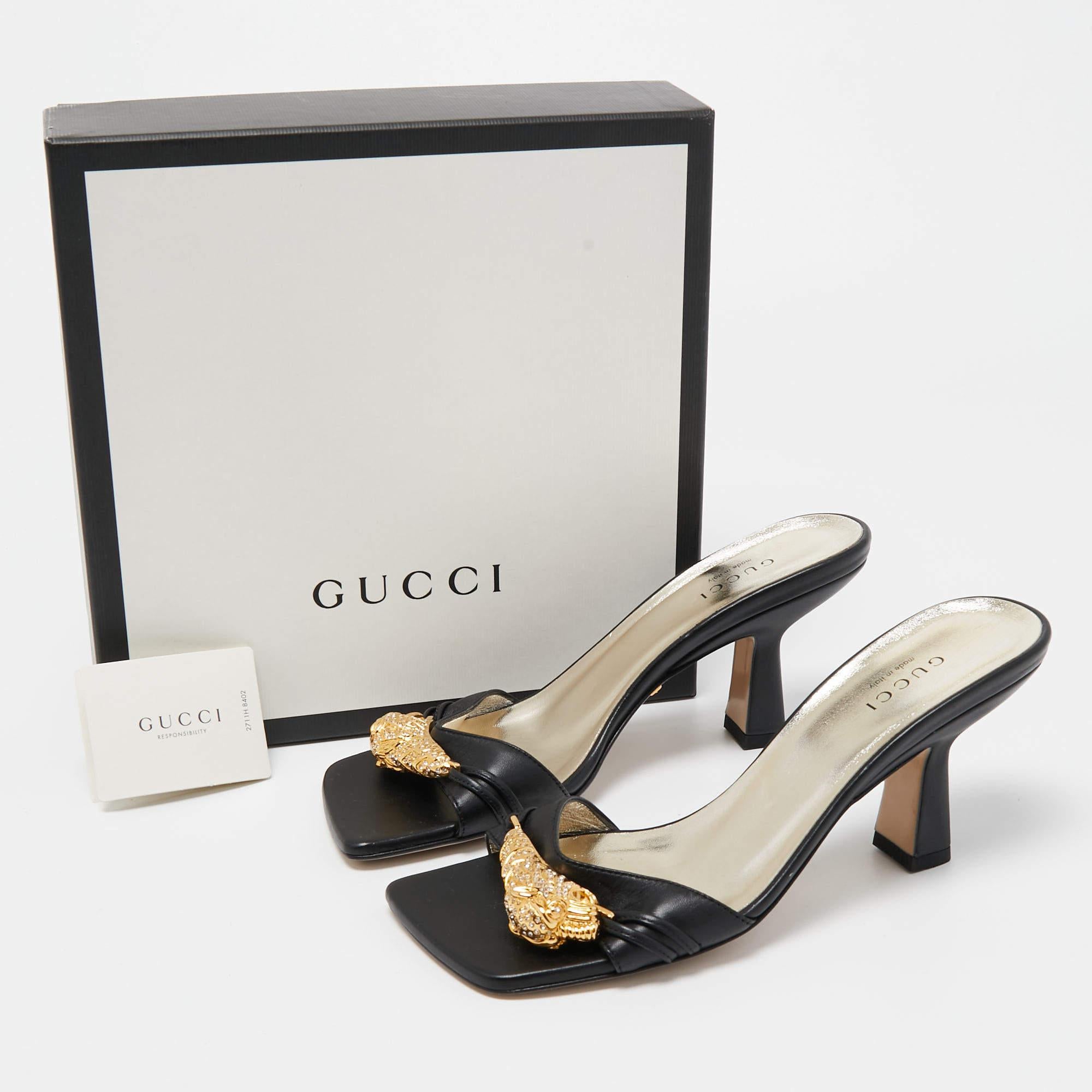 Gucci Black Leather Embellished Rajah Open Toe Slide Sandals Size 35 For Sale 3