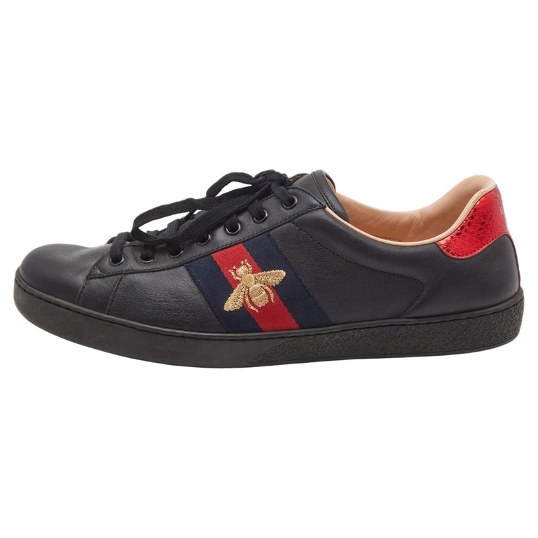 Gucci Black Leather Embroidered Bee Ace Sneakers Size 44 at 1stDibs