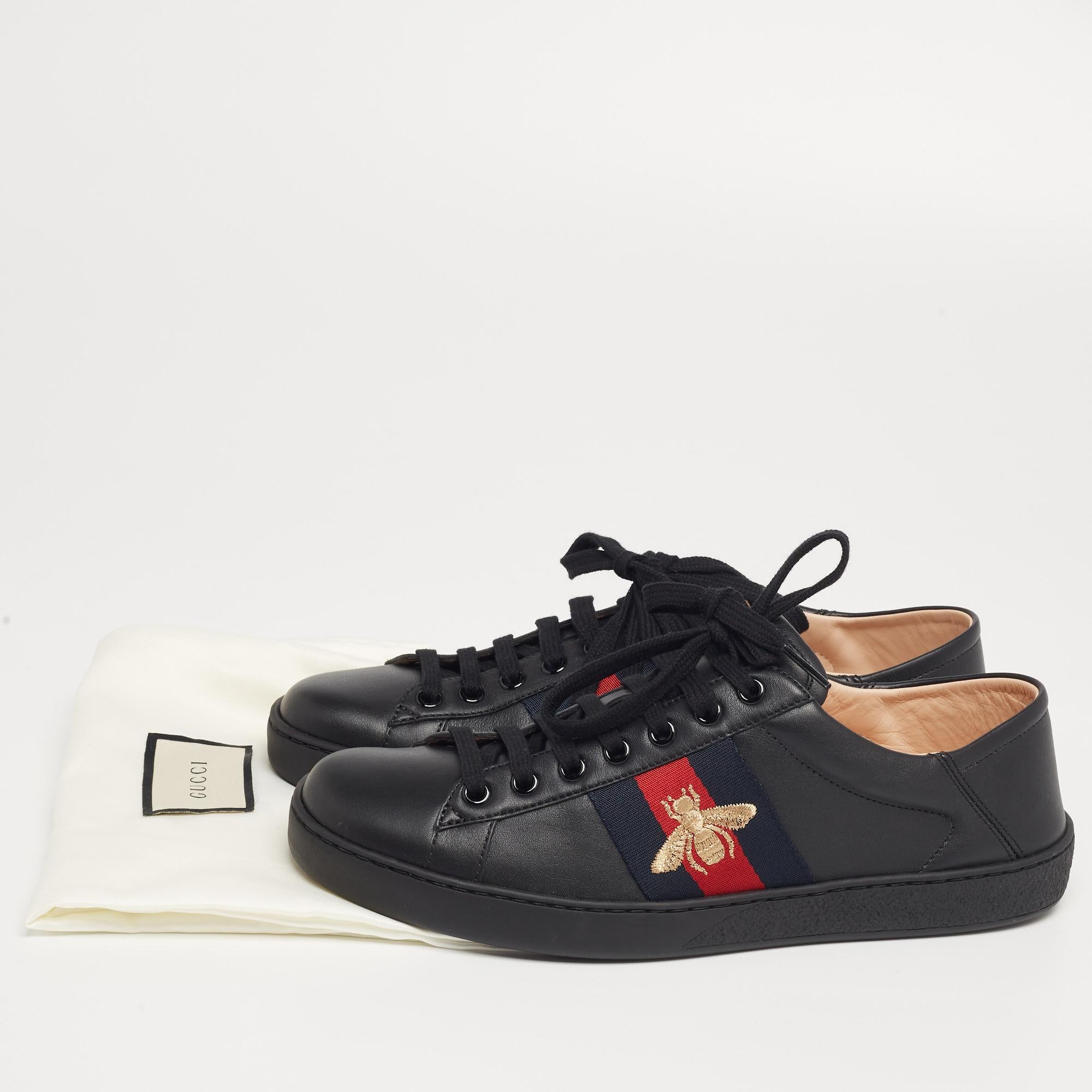 Gucci Black Leather Embroidered Bee Web Ace Low-Top Sneakers Size 40 2