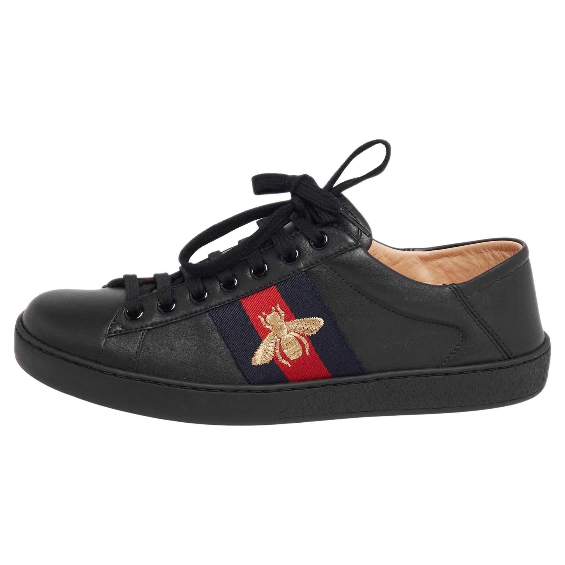 Gucci Black Leather Embroidered Bee Web Ace Low-Top Sneakers Size 40