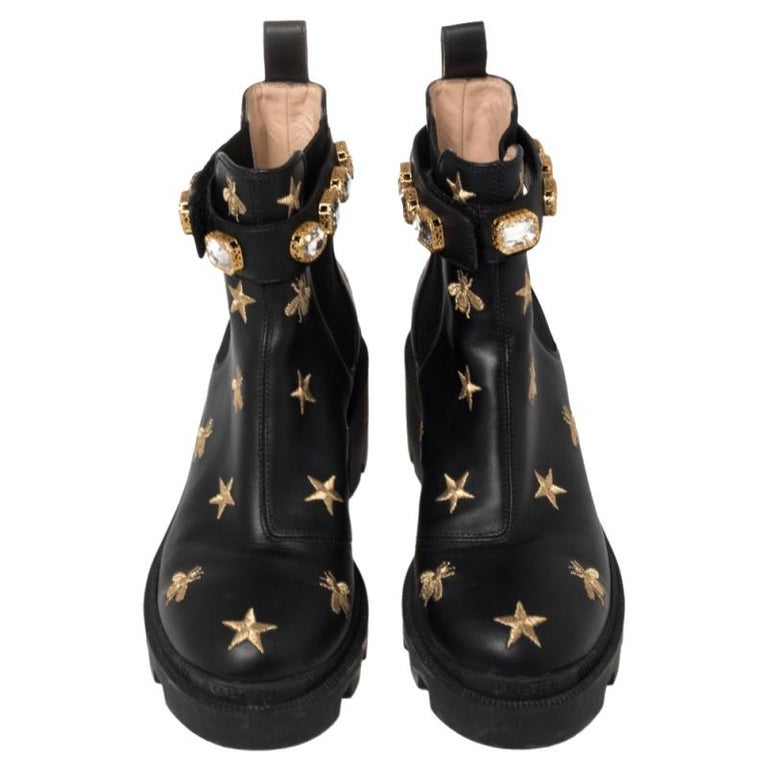 Gucci Black Leather Embroidered Crystal Embellished Ankle Boots