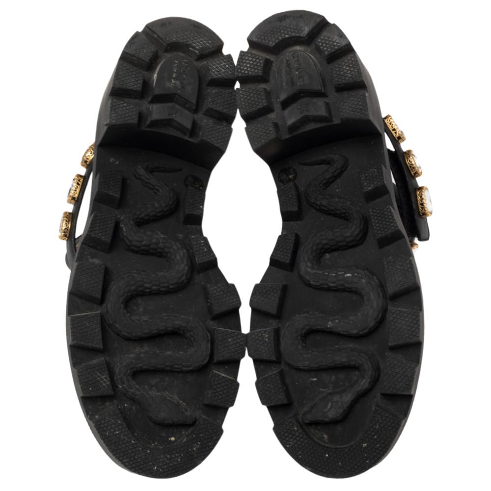 Gucci Black Leather Embroidered Crystal Embellished Ankle Boots Size 37.5