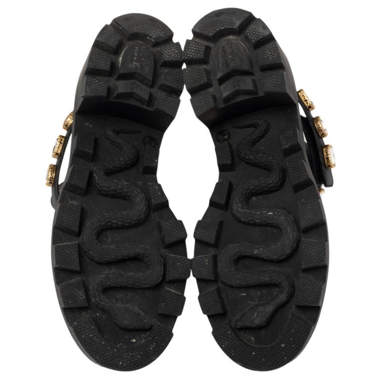 Gucci Black Leather Embroidered Crystal Embellished Ankle Boots