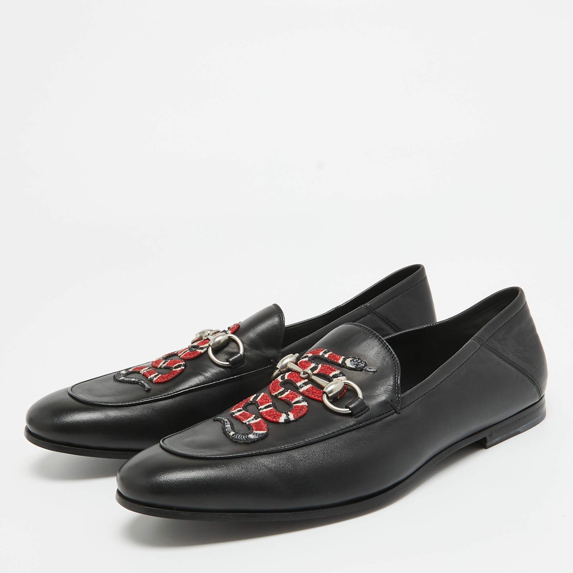 Gucci Black Leather Embroidered Kingsnake Brixton Horsebit Loafers Size 44.5 2
