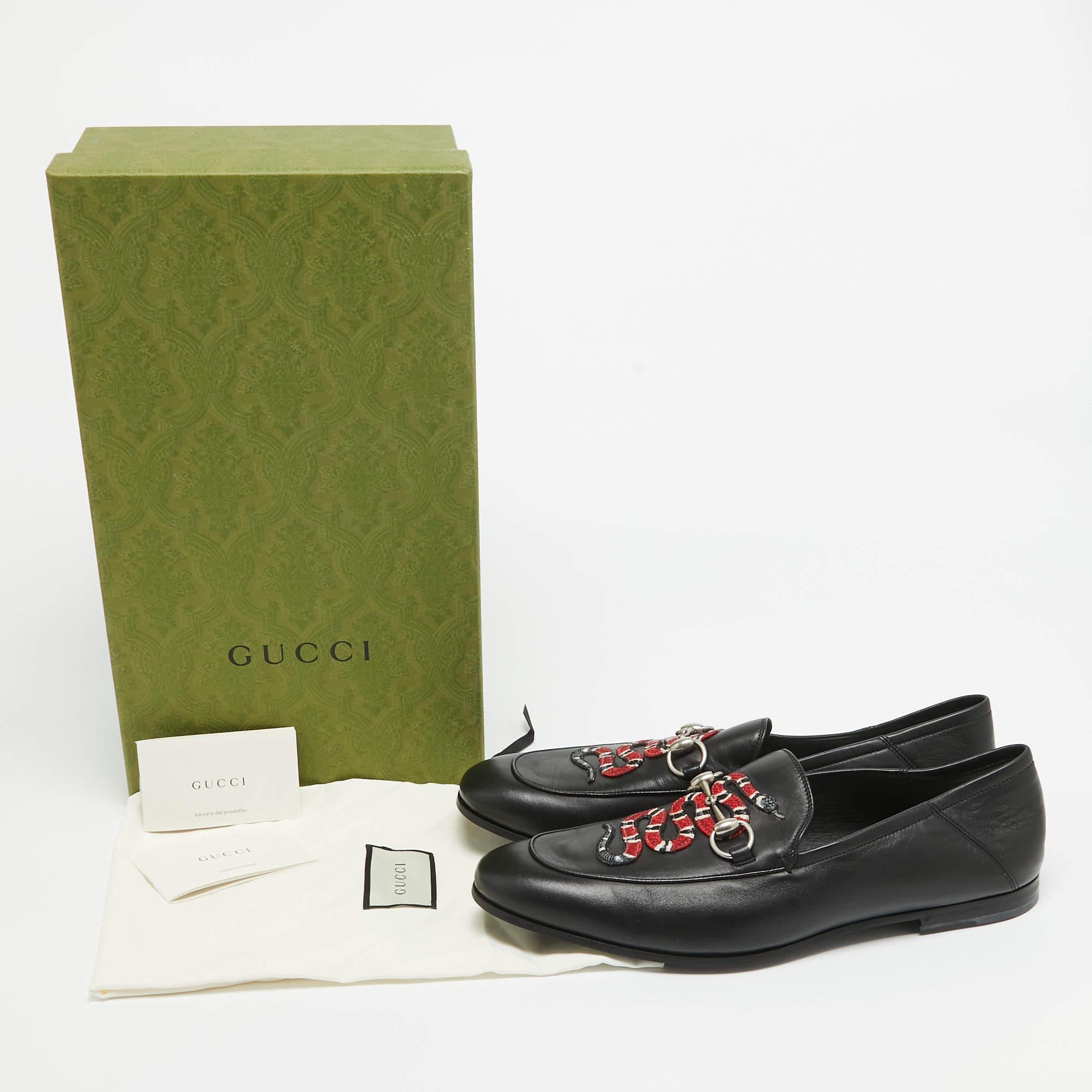 Gucci Black Leather Embroidered Kingsnake Brixton Horsebit Loafers Size 44.5 5