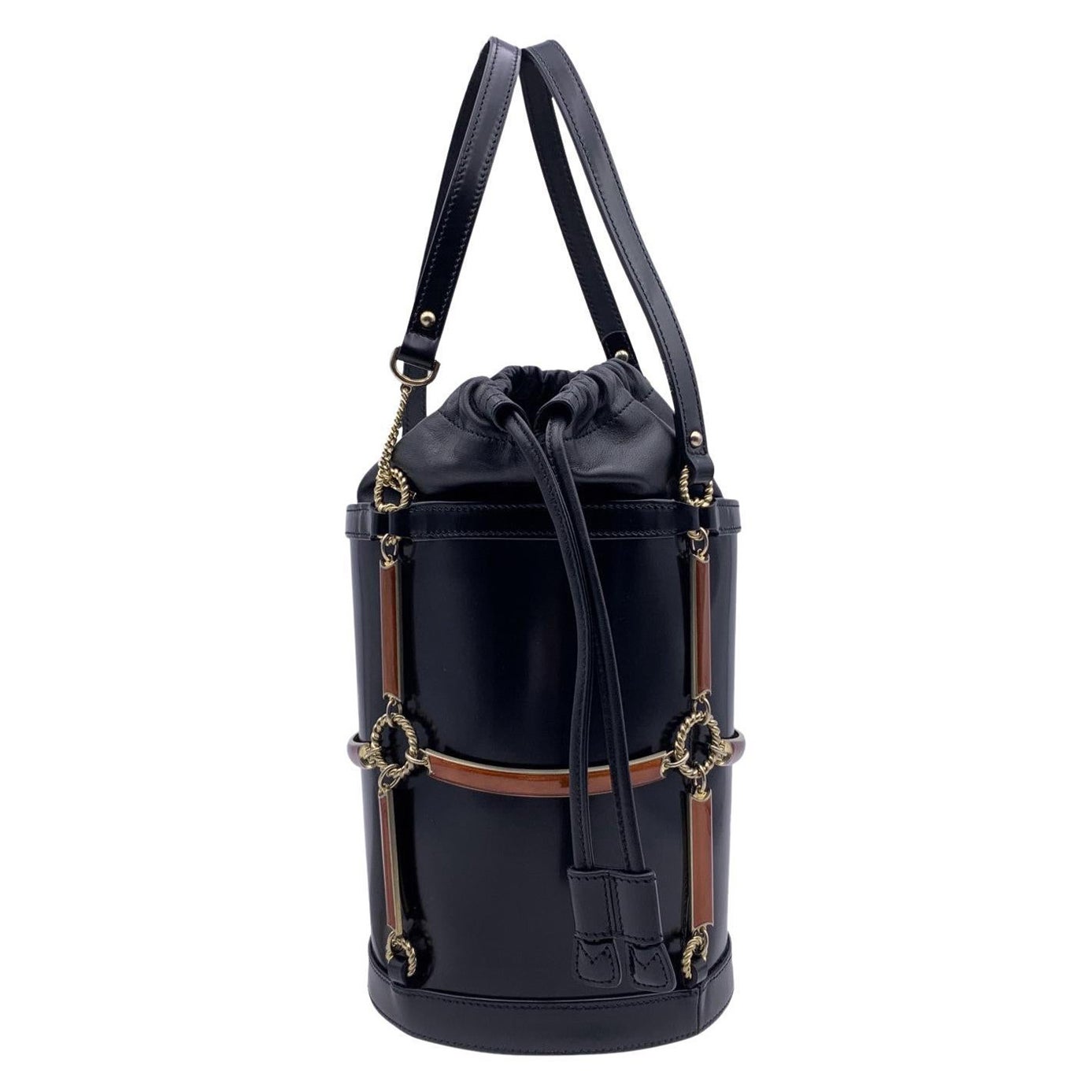 Gucci Black Leather Enamel Cage Round Bucket Bag Tote Handbag For Sale