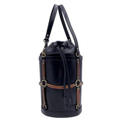 Gucci Black Leather Enamel Cage Round Bucket Bag Tote Handbag