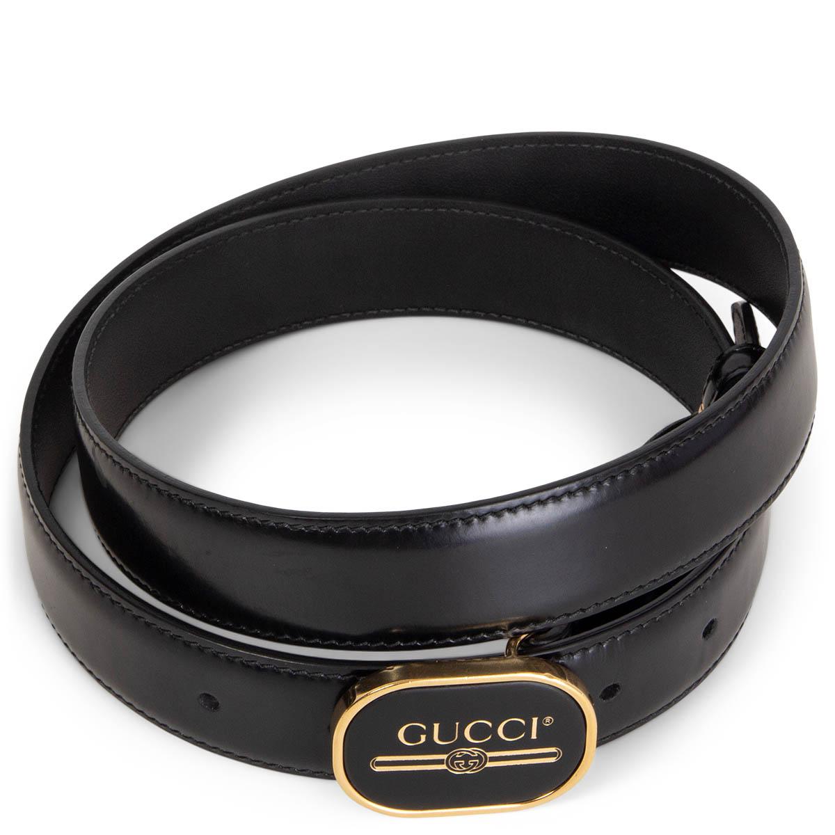 Black GUCCI black leather ENAMEL LOGO BUCKLE Belt 90