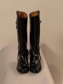 Gucci Black Leather Equestrian Style Boots  Size 37