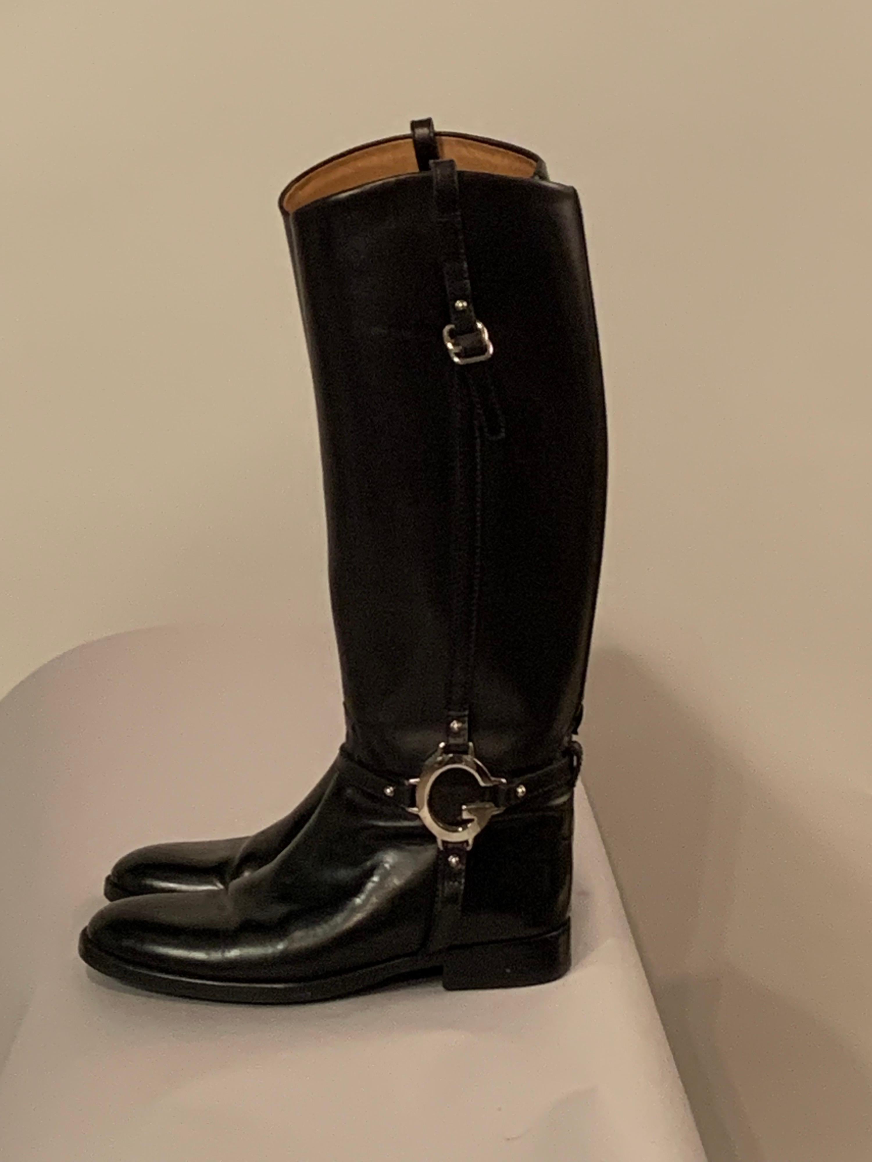 Gucci Black Leather Equestrian Style Boots  Size 37 In Good Condition In New Hope, PA