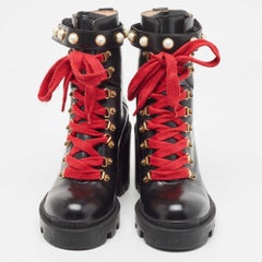 Gucci Black Leather Faux Pearl Embellished Ankle Boots Size 41
