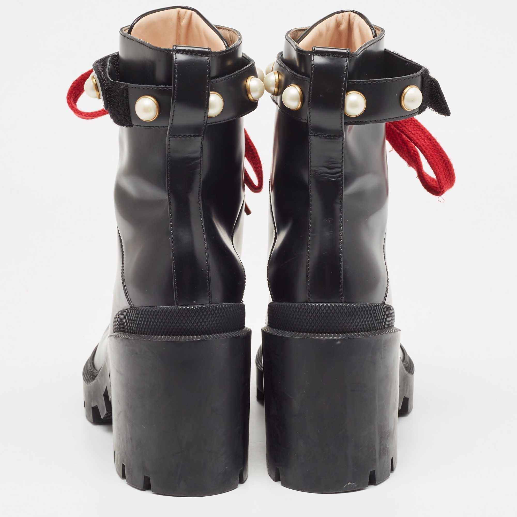 Women's Gucci Black Leather Faux Pearl Embellished Ankle Boots Size 41