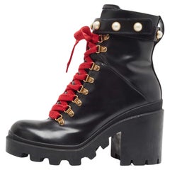 Gucci Black Leather Faux Pearl Embellished Ankle Boots Size 41