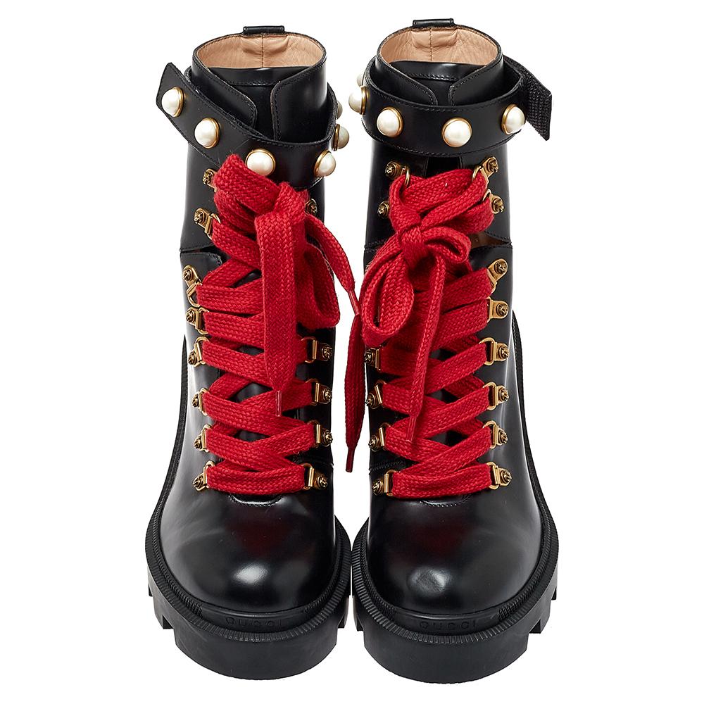Gucci Black Leather Faux Pearl Embellished Trip Ankle Length Boots Size 39