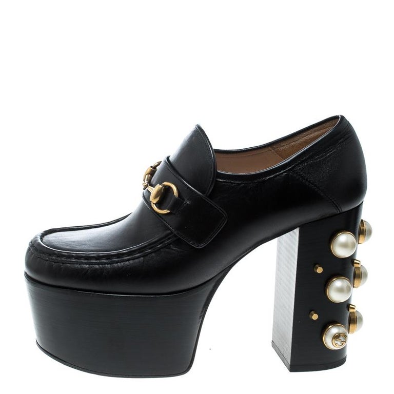 Gucci Black Leather Faux Pearl Embellished Vegas Platform Loafers Pumps ...