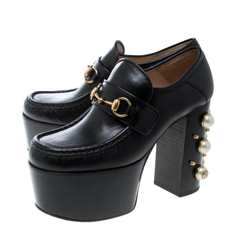 Women's Gucci Black Leather Faux Pearl Embellished Vegas Platform Loafers Pumps Size 38