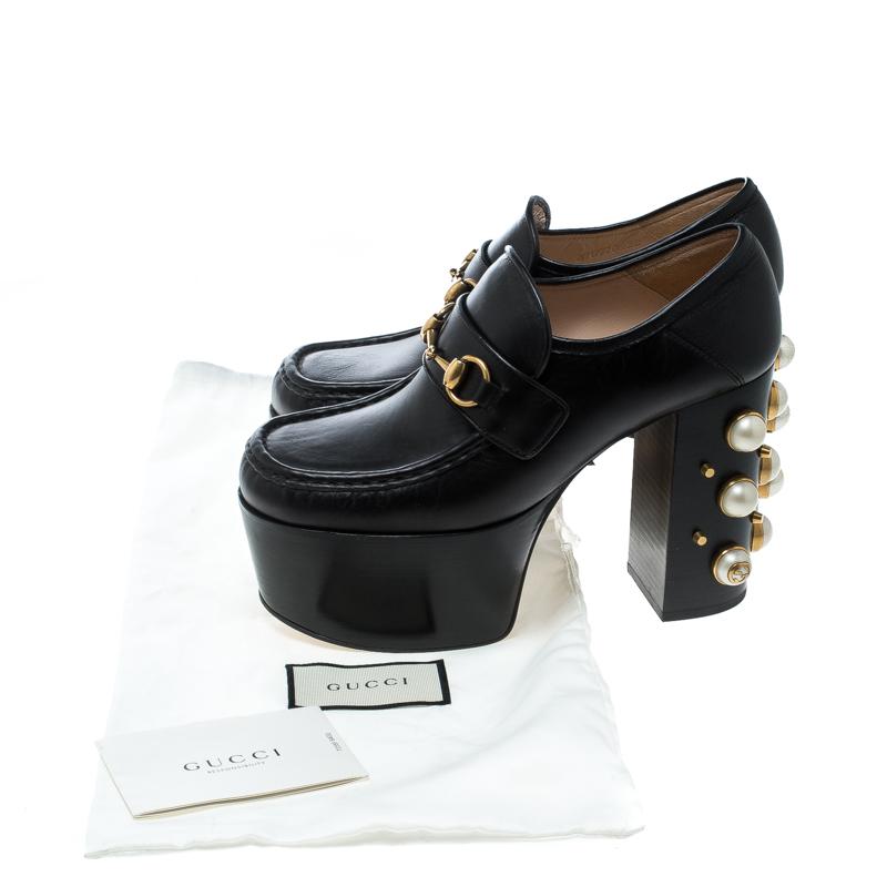 Gucci Black Leather Faux Pearl Embellished Vegas Platform Loafers Pumps Size 38 1