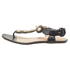 Gucci Black Leather Faux Pearl Willow Flat Sandals Size 35