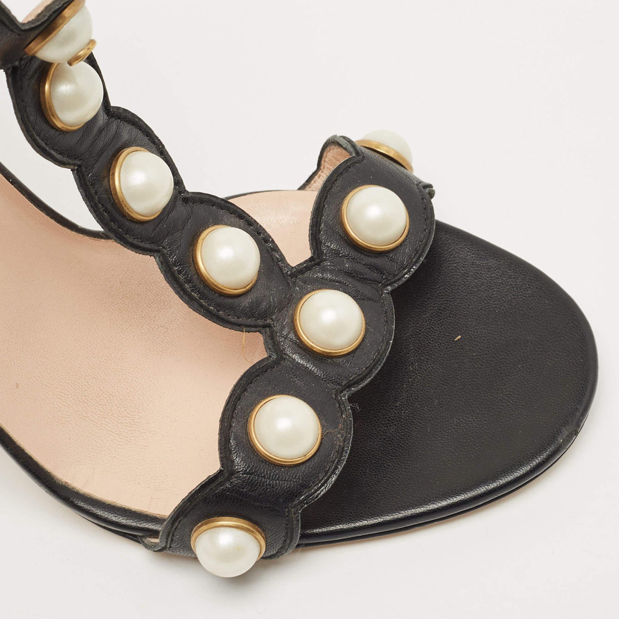 Gucci Black Leather Faux Pearl Willow T-Strap Sandals Size 39 1