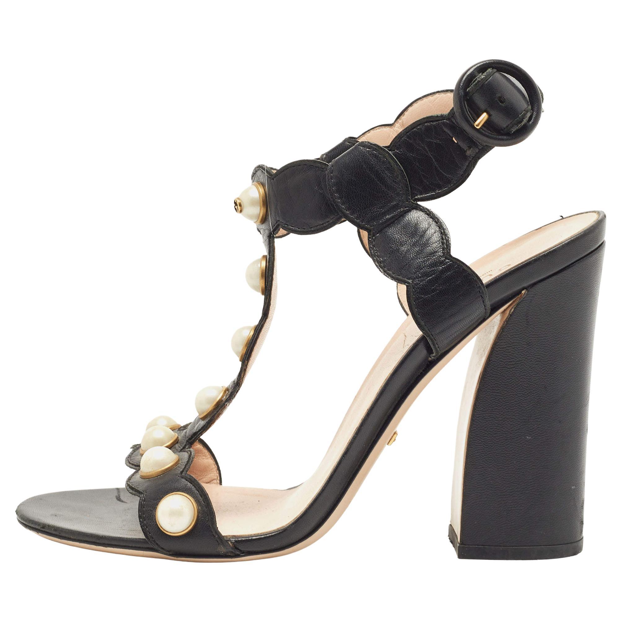 Gucci Black Leather Faux Pearl Willow T-Strap Sandals Size 39