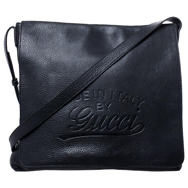 Gucci Black Leather Flap Messenger Bag For Sale at 1stDibs