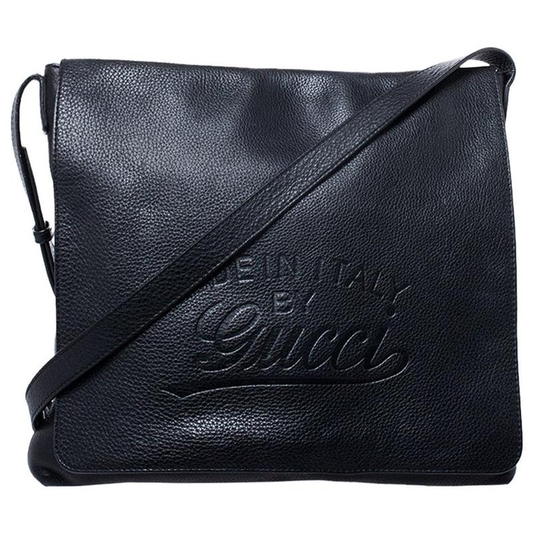 Gucci Black Leather Flap Messenger Bag For Sale at 1stDibs