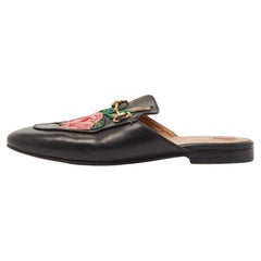 Used Gucci Black Leather Floral Embroidered Princetown Flat Mules Size 38