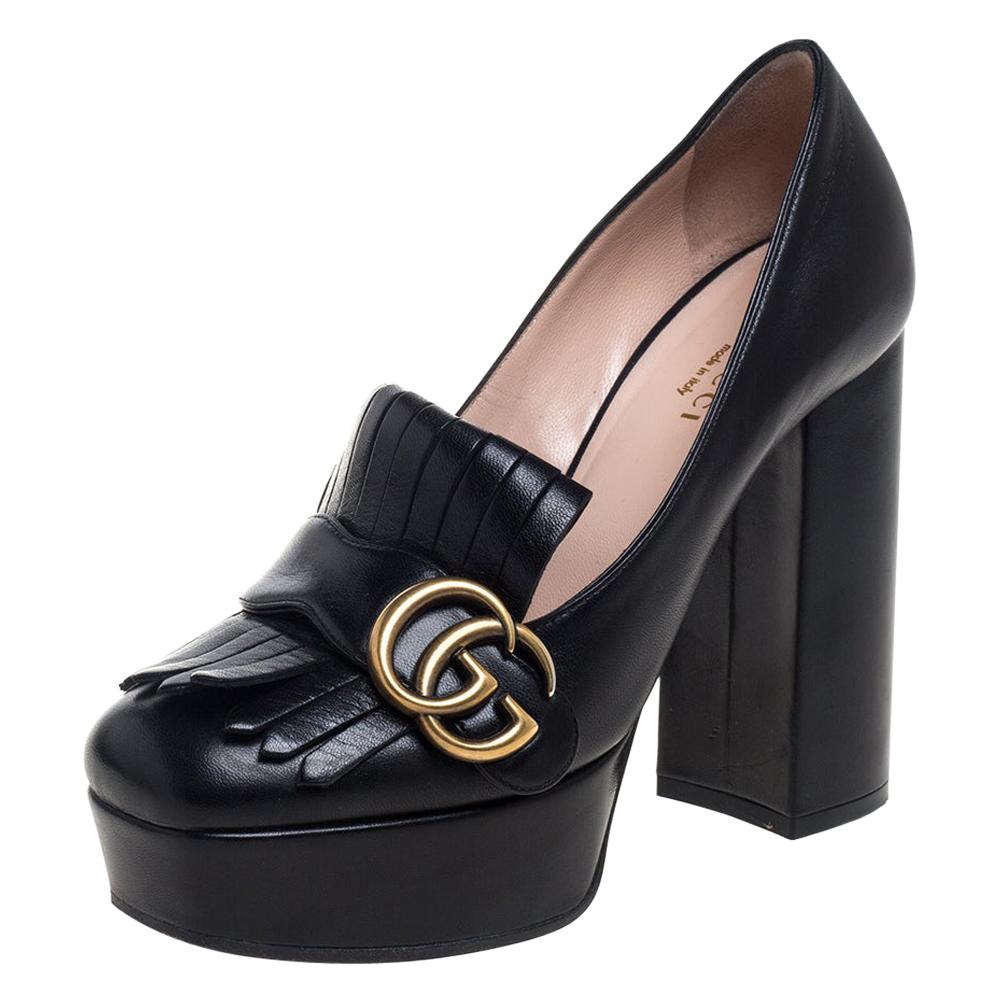 Gucci Black Leather Fringe Marmont GG Pumps Size 35.5