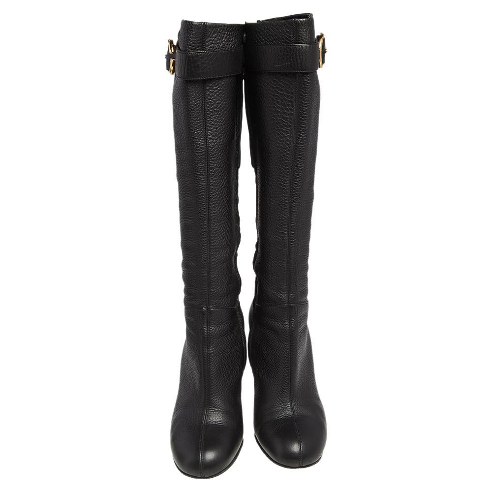 Women's Gucci Black Leather GG Buckle Knee Length Boots Size 37.5