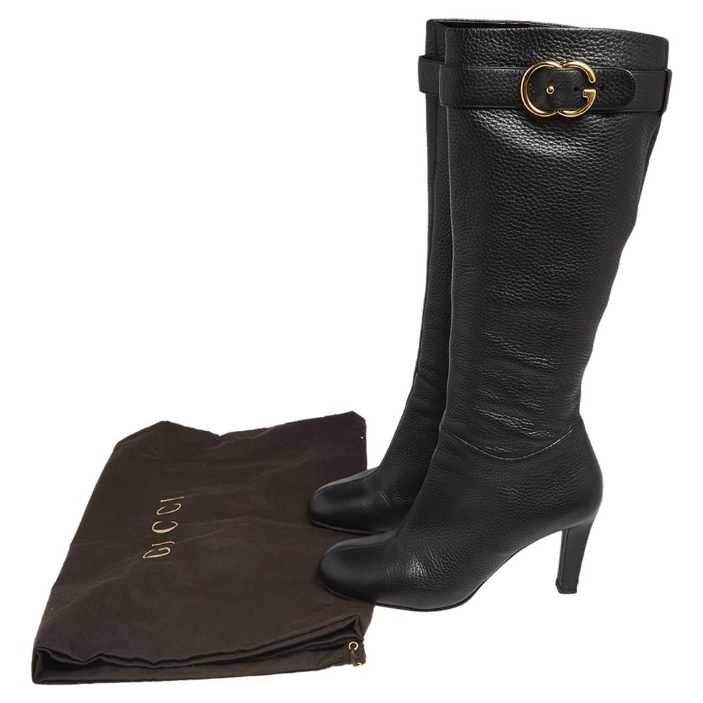 Gucci Black Leather GG Buckle Knee Length Boots Size 37.5 5