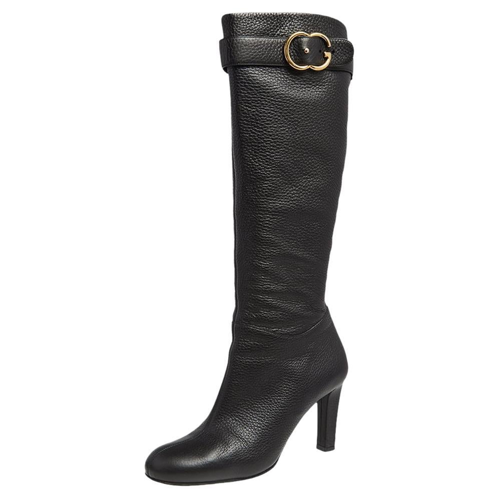 Gucci Black Leather GG Buckle Knee Length Boots Size 37.5