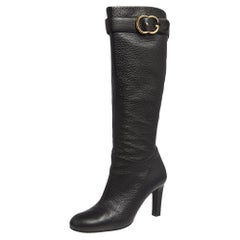 Gucci Black Leather GG Buckle Knee Length Boots Size 37.5