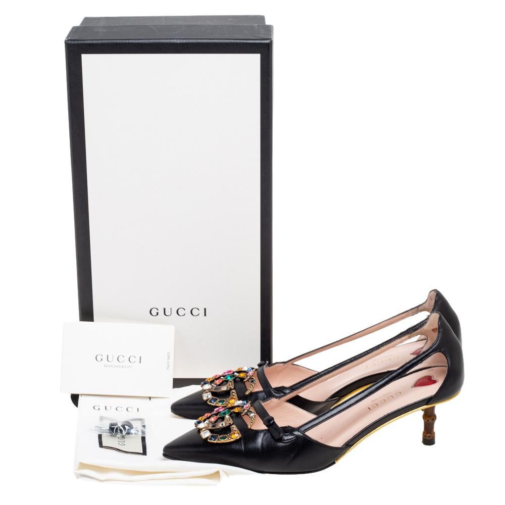 Gucci Black Leather GG Crystal Bamboo Heel Unia Pumps Size 35.5 6
