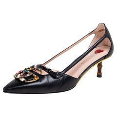Gucci Black Leather GG Crystal Bamboo Heel Unia Pumps Size 35.5