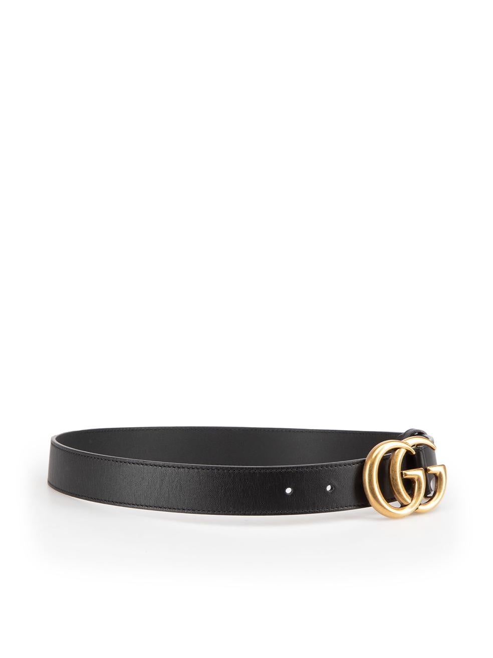 CONDITION is Very good. Minimal wear to the belt is evident. Small scratches to the front near the logo and light tarnishing to the hardware on this used Gucci designer resale item.
 
 
 
 Details
 
 
 Black
 
 Leather
 
 Belt
 
 Gold GG buckle
 
 
