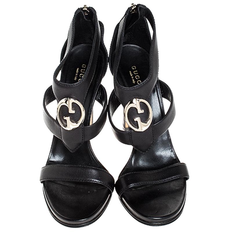 Gucci Black Leather GG Logo Open Toe Sandals Size 39 In Good Condition In Dubai, Al Qouz 2