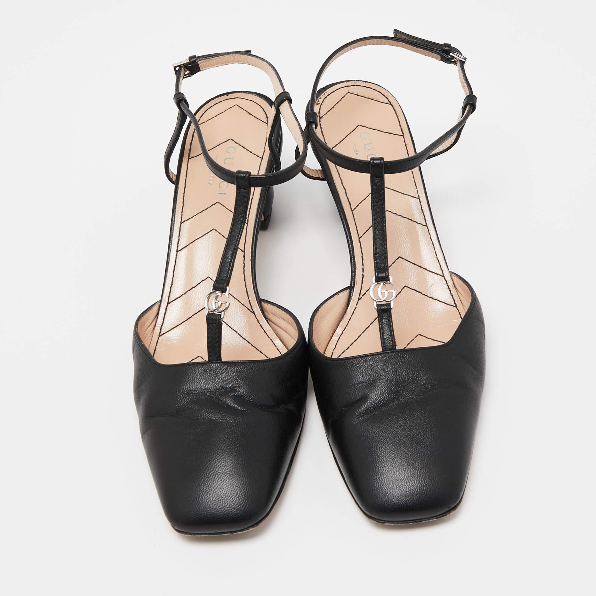 Gucci Black Leather GG Marmont Ankle Strap Pumps Size 36.5 For Sale 2