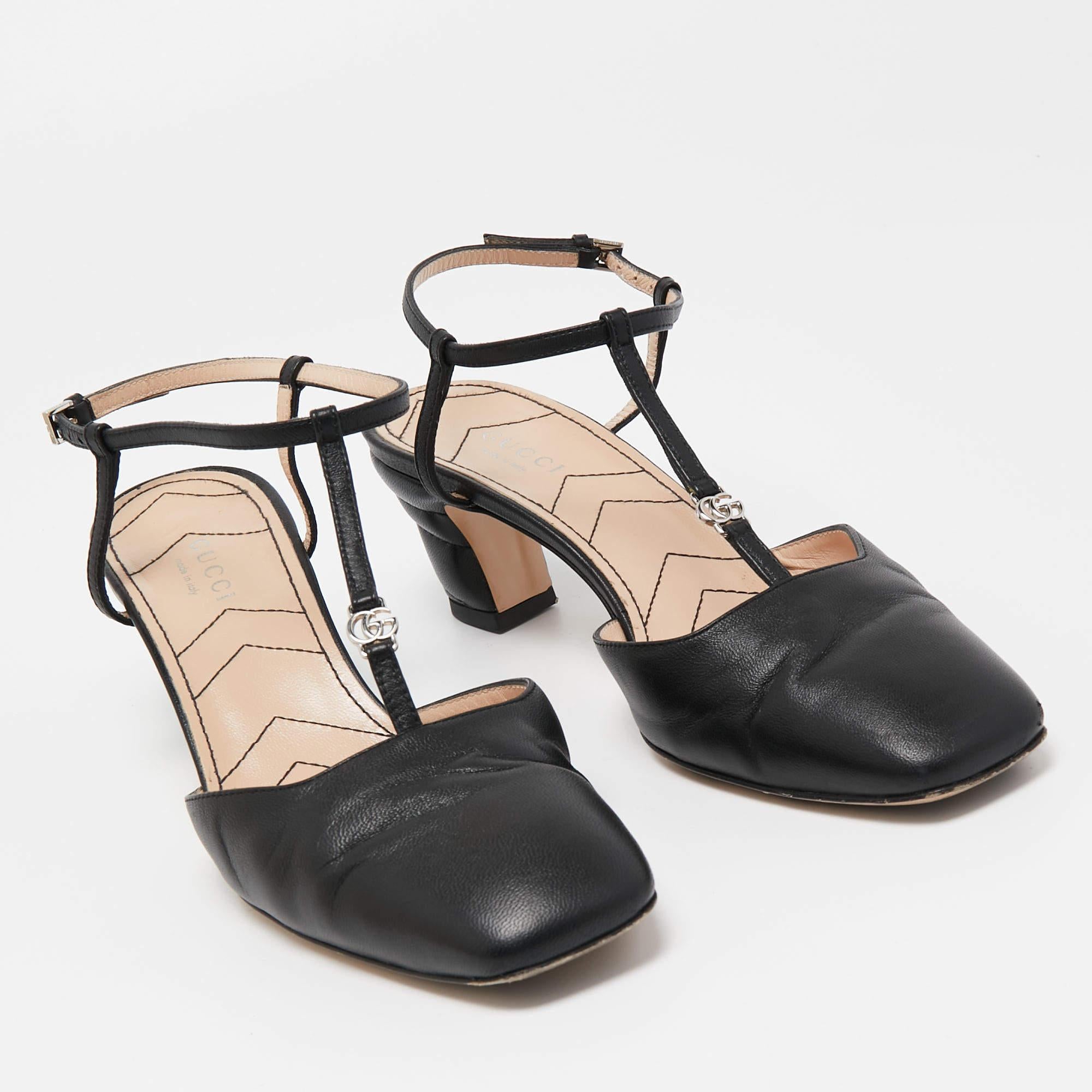 Gucci Black Leather GG Marmont Ankle Strap Pumps Size 36.5 For Sale 3
