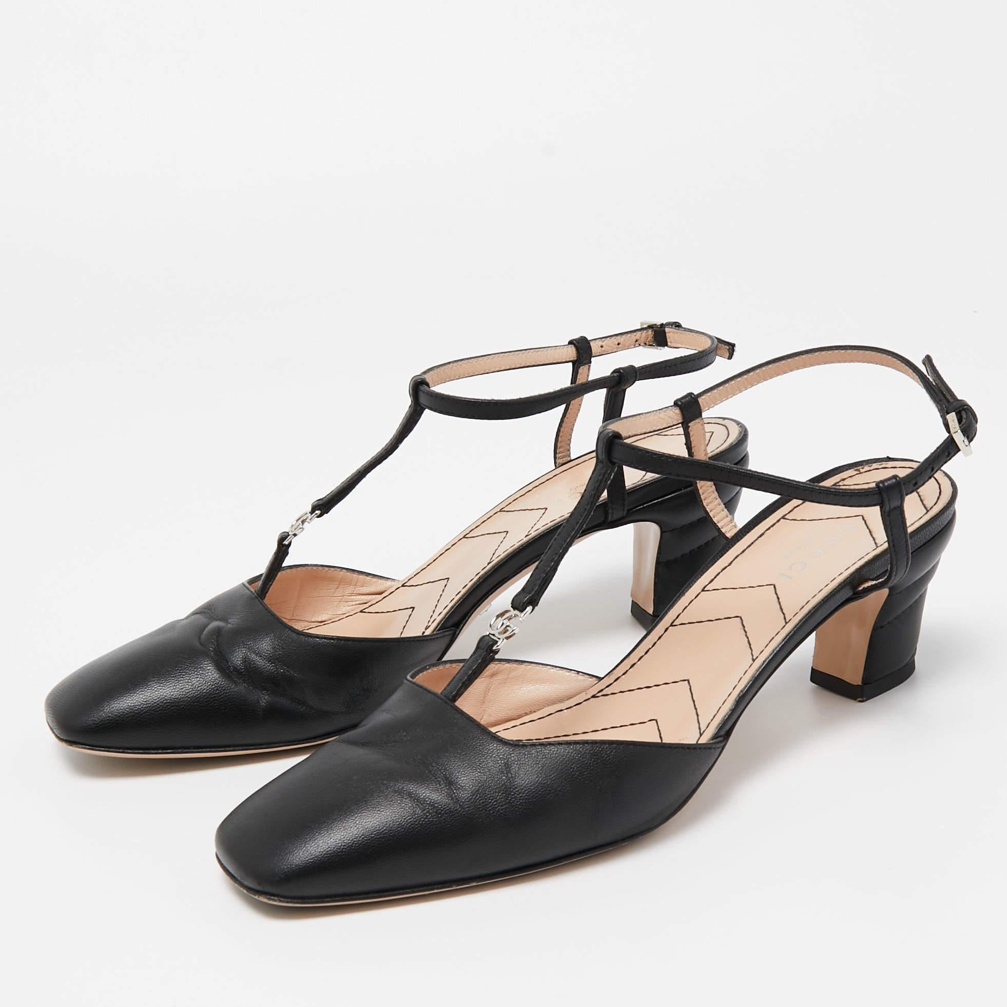 Gucci Black Leather GG Marmont Ankle Strap Pumps Size 36.5 For Sale 4