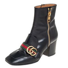 Gucci Black Leather GG Marmont Block Heel Ankle Boots Size 36.5