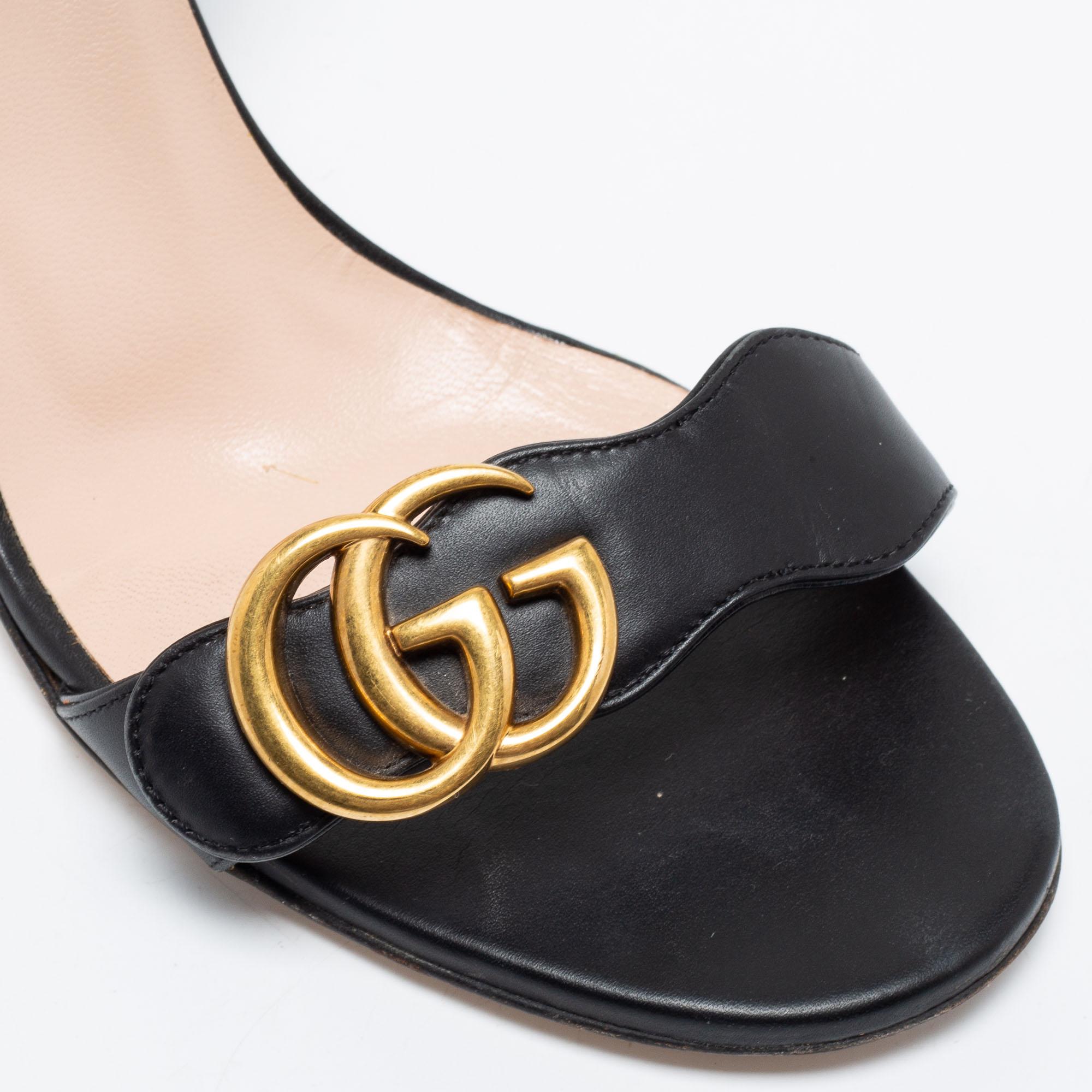 Gucci Black Leather GG Marmont Block Heel Ankle Strap Sandals Size 37 In Good Condition In Dubai, Al Qouz 2