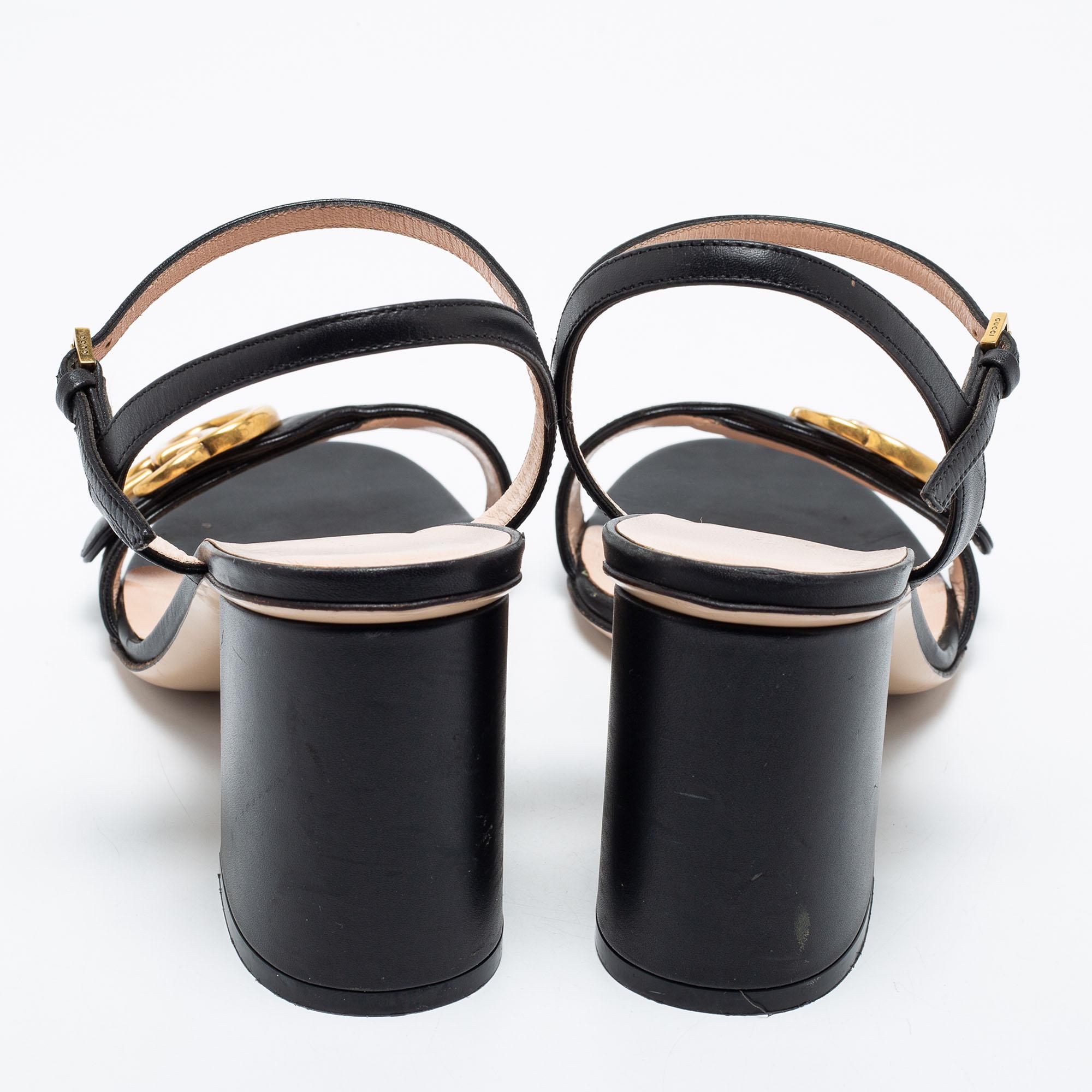 Women's Gucci Black Leather GG Marmont Block Heel Ankle Strap Sandals Size 37