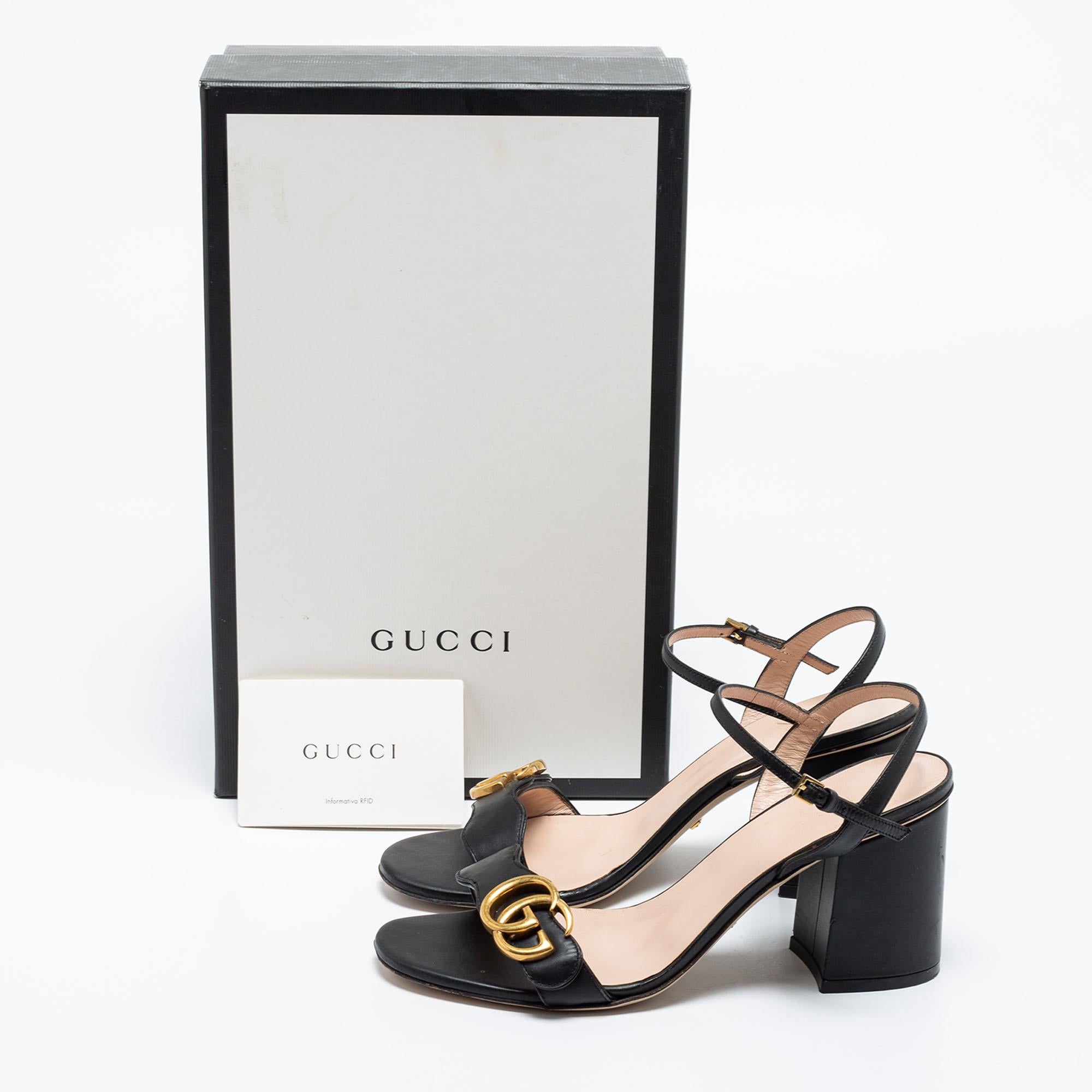 Gucci Black Leather GG Marmont Block Heel Ankle Strap Sandals Size 37 3