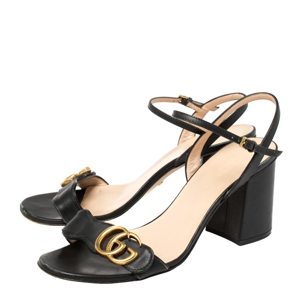 Gucci Black Leather GG Marmont Block Heel Ankle Strap Sandals Size 38 In Good Condition In Dubai, Al Qouz 2