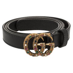 Gucci Black Leather GG Marmont Crystal Slim Belt 85CM