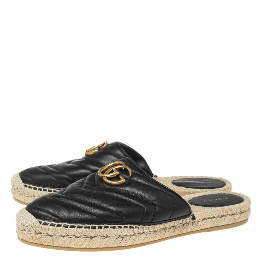 Gucci Black Leather GG Marmont Espadrilles Mules Size 39 In New Condition In Dubai, Al Qouz 2