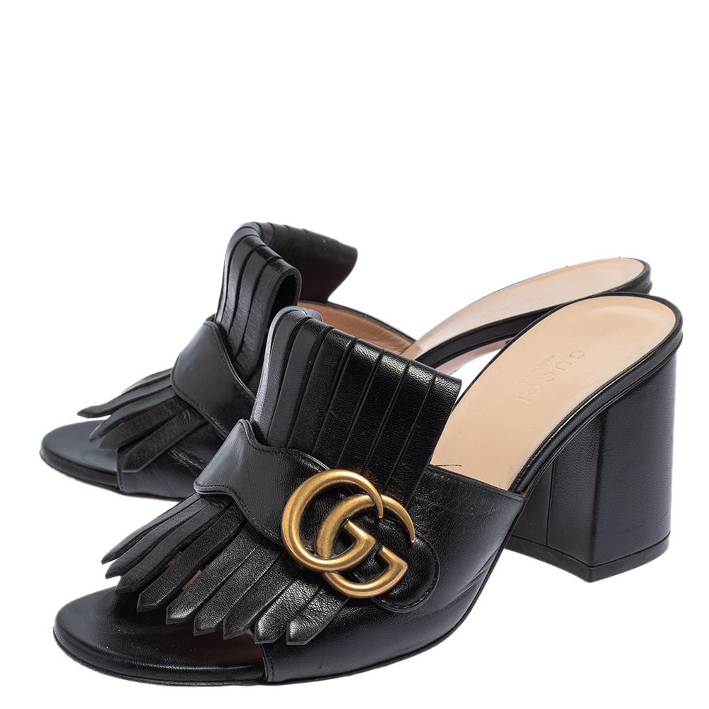Women's Gucci Black Leather GG Marmont Fringe Detail Open Toe Sandals Size 37