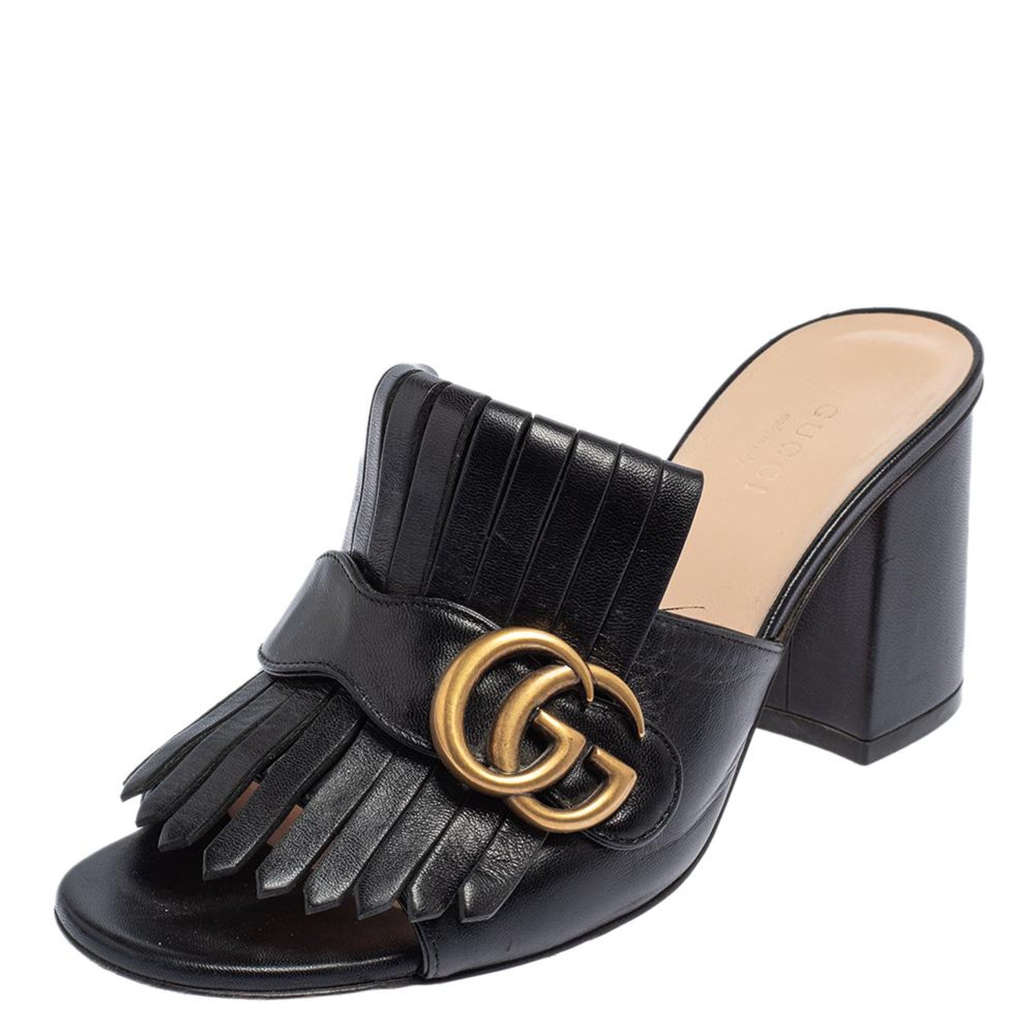 Gucci Black Leather GG Marmont Fringe Detail Open Toe Sandals Size 37 at  1stDibs